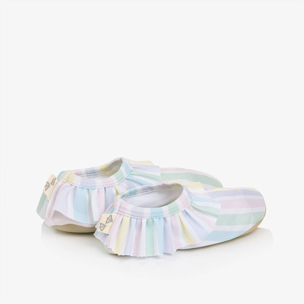 Meia Pata-Girls White & Pastel Striped Aqua Shoes (UPF50+) | Childrensalon