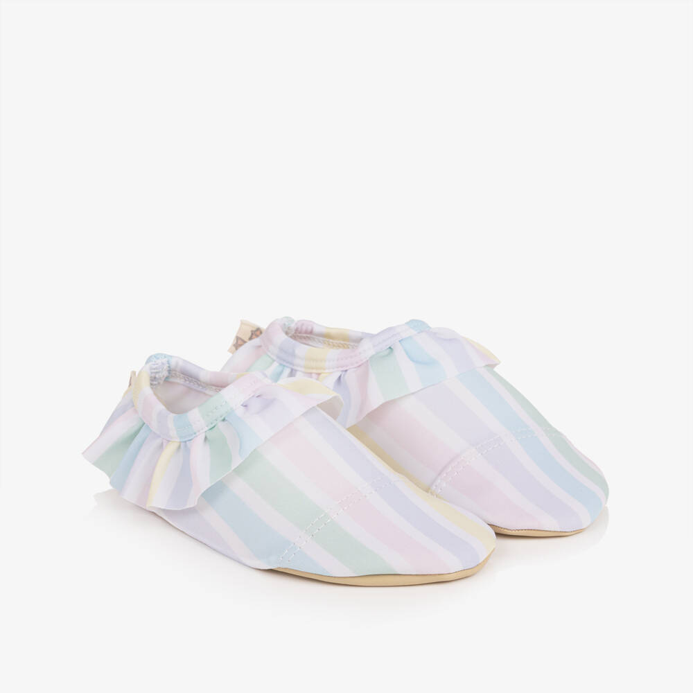 Meia Pata-Girls White & Pastel Striped Aqua Shoes (UPF50+) | Childrensalon