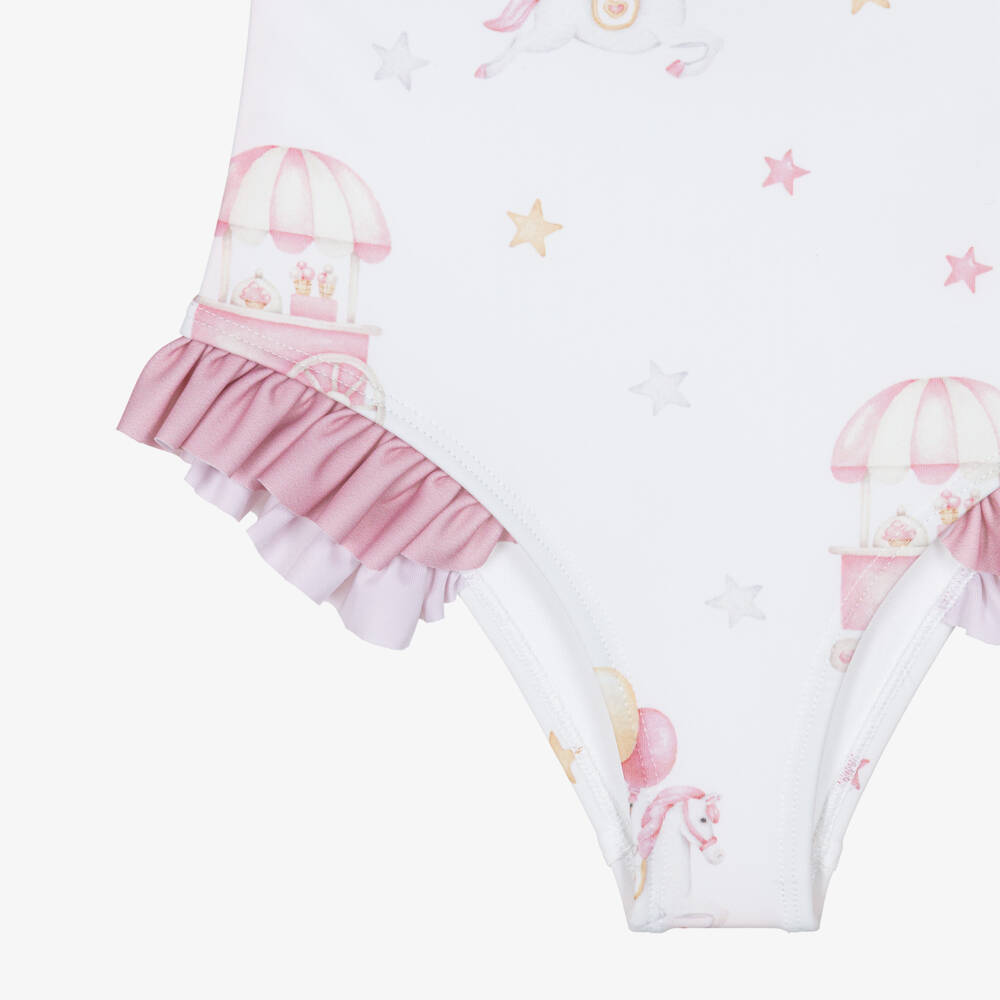 Meia Pata-Girls White & Pink Carousel Swimsuit (UPF50+) | Childrensalon