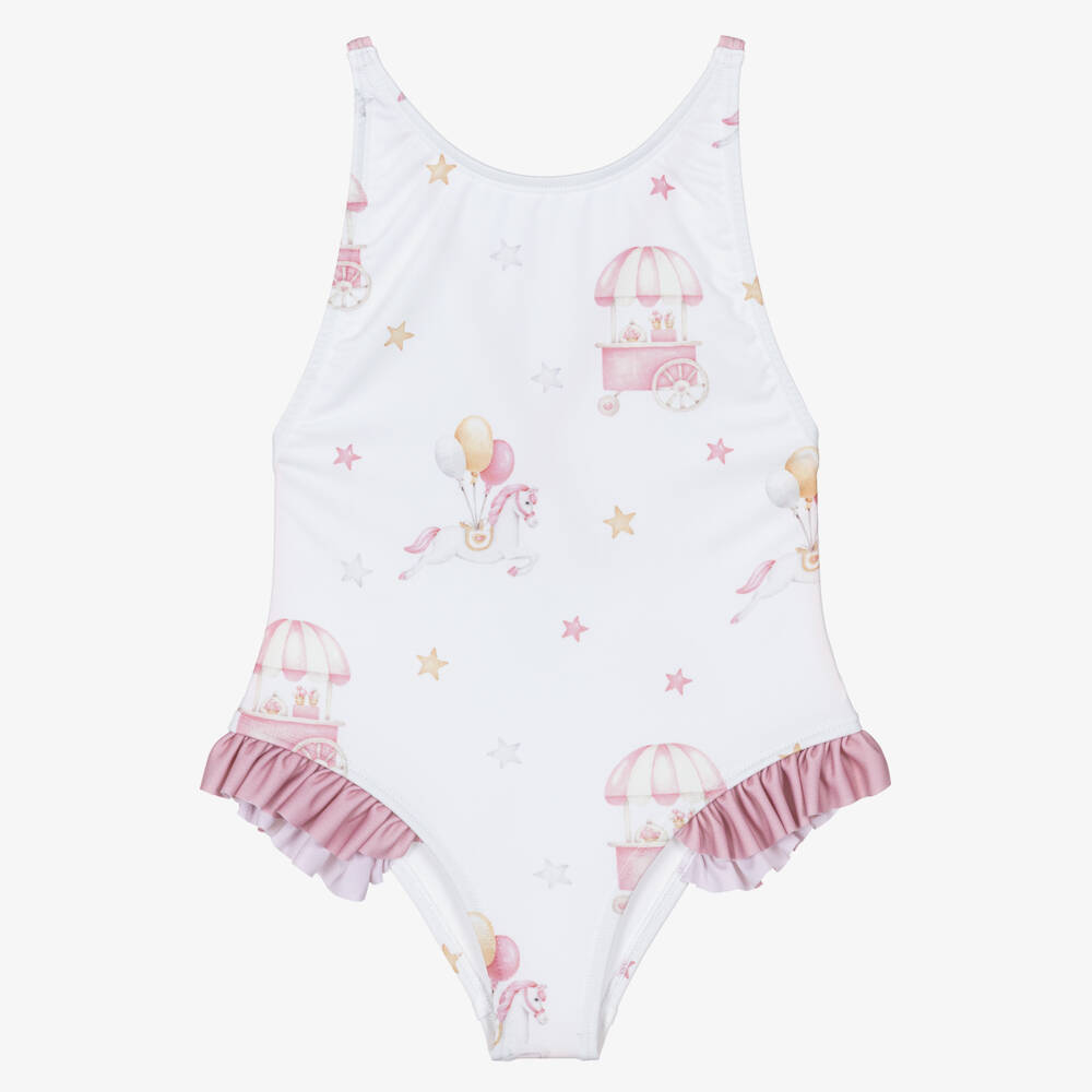 Meia Pata-Girls White & Pink Carousel Swimsuit (UPF50+) | Childrensalon