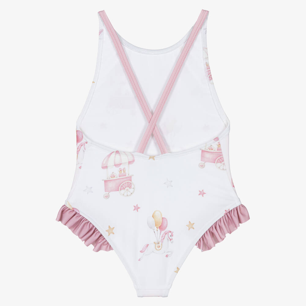 Meia Pata-Girls White & Pink Carousel Swimsuit (UPF50+) | Childrensalon