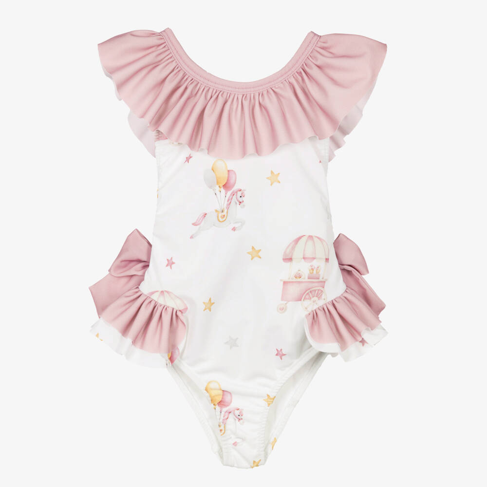 Meia Pata-Girls White & Pink Carousel Swimsuit with Ruffles (UPF50+) | Childrensalon