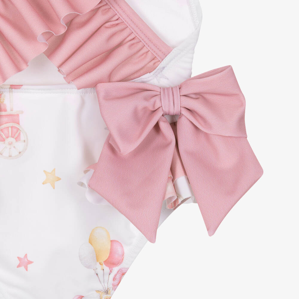 Meia Pata-Girls White & Pink Carousel Swimsuit with Ruffles (UPF50+) | Childrensalon