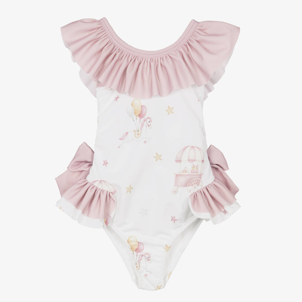 Meia Pata-Girls White & Pink Carousel Swimsuit with Ruffles (UPF50+) | Childrensalon