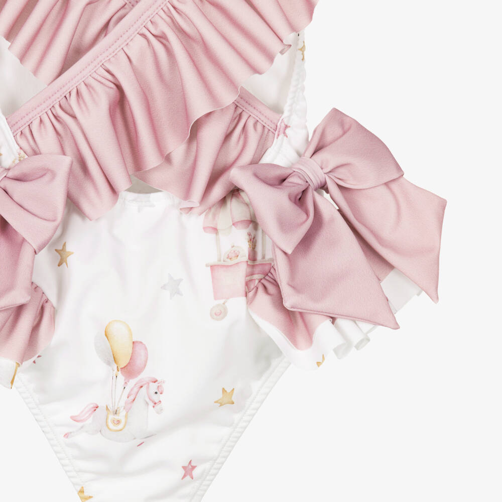 Meia Pata-Girls White & Pink Carousel Swimsuit with Ruffles (UPF50+) | Childrensalon