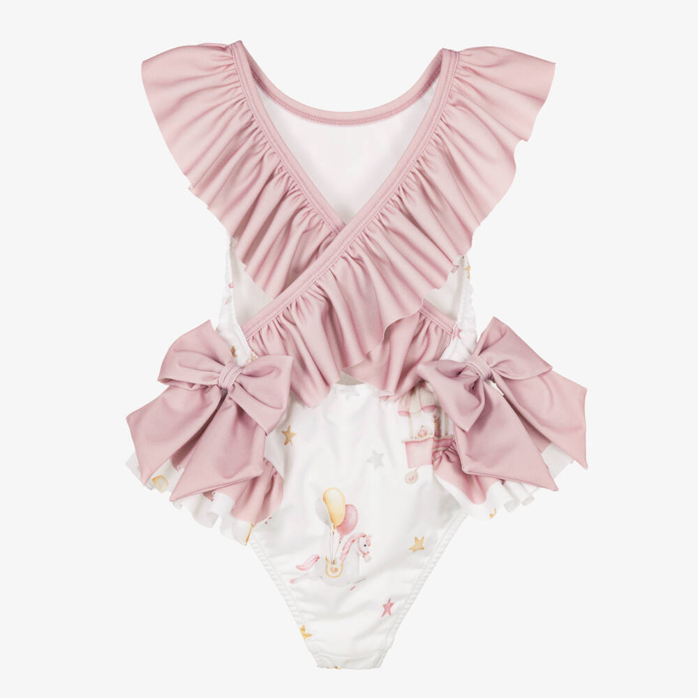 Meia Pata-Girls White & Pink Carousel Swimsuit with Ruffles (UPF50+) | Childrensalon