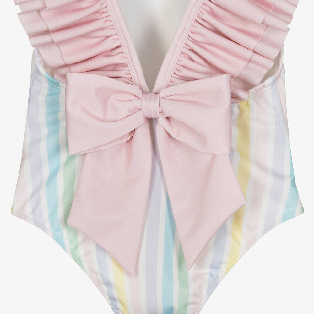 Meia Pata-Girls White & Pink Ruffle Swimsuit with Pastel Stripes (UPF50+) | Childrensalon