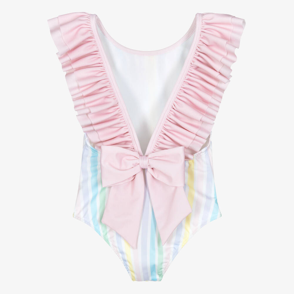 Meia Pata-Girls White & Pink Ruffle Swimsuit with Pastel Stripes (UPF50+) | Childrensalon
