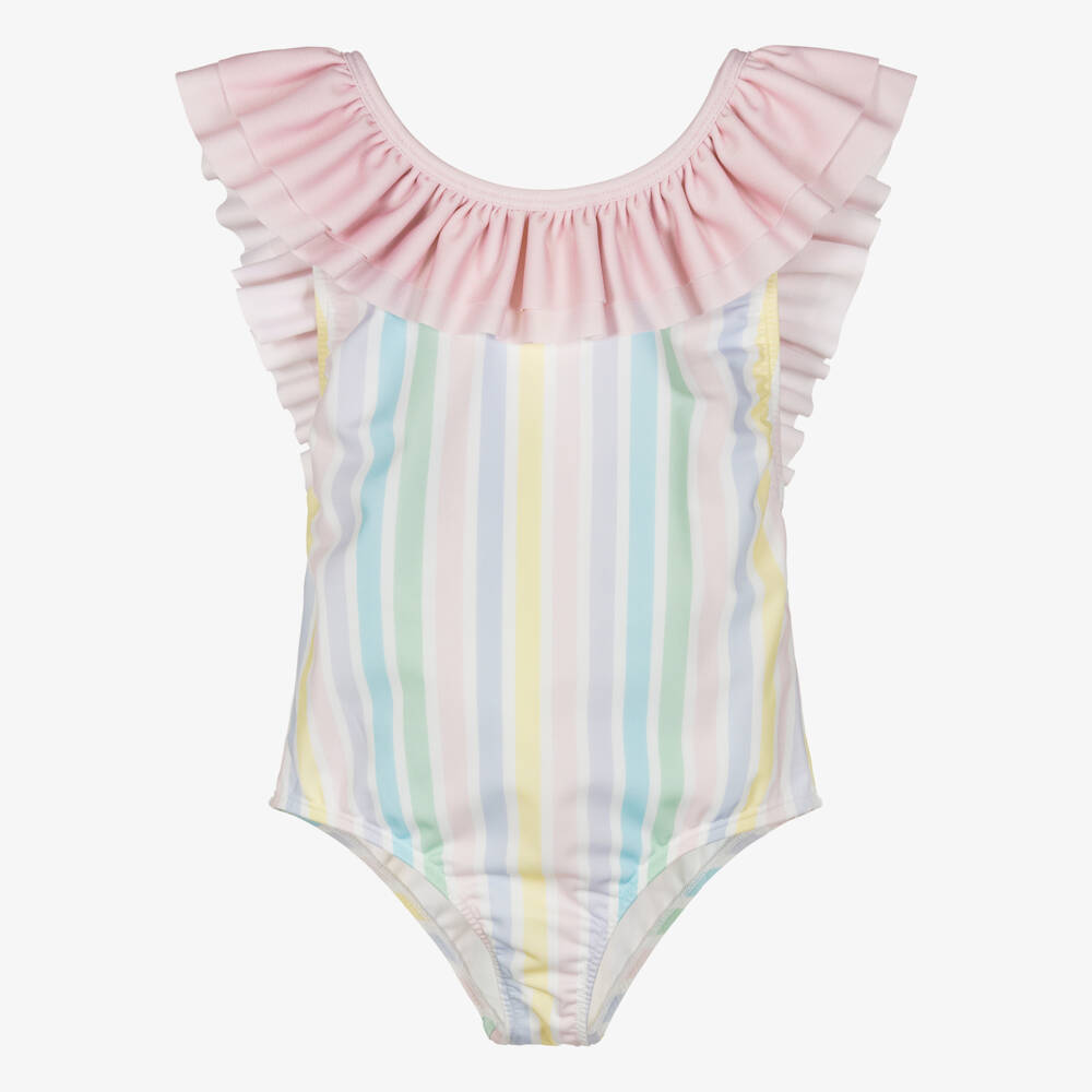 Meia Pata-Girls White & Pink Ruffle Swimsuit with Pastel Stripes (UPF50+) | Childrensalon