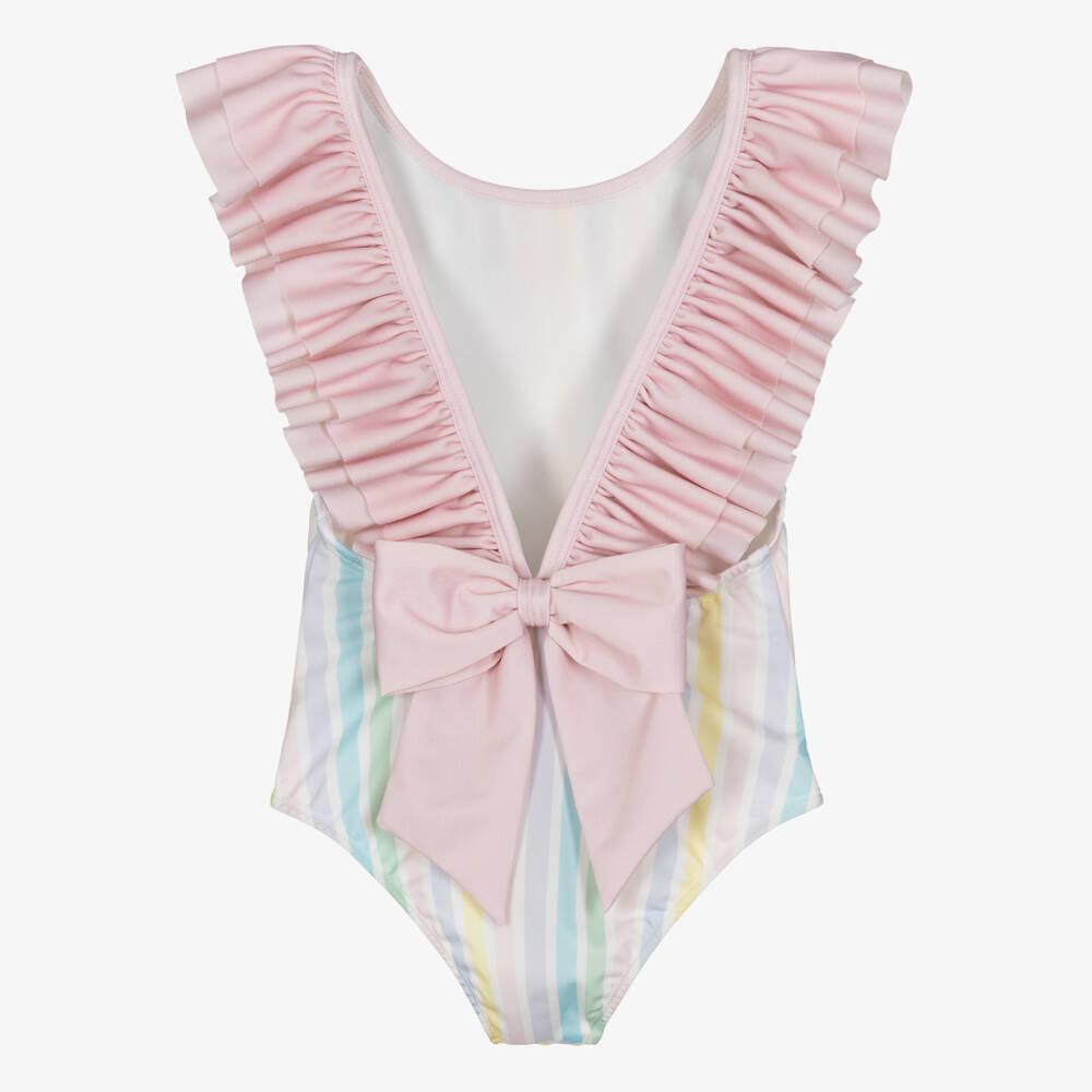 Meia Pata-Girls White & Pink Ruffle Swimsuit with Pastel Stripes (UPF50+) | Childrensalon