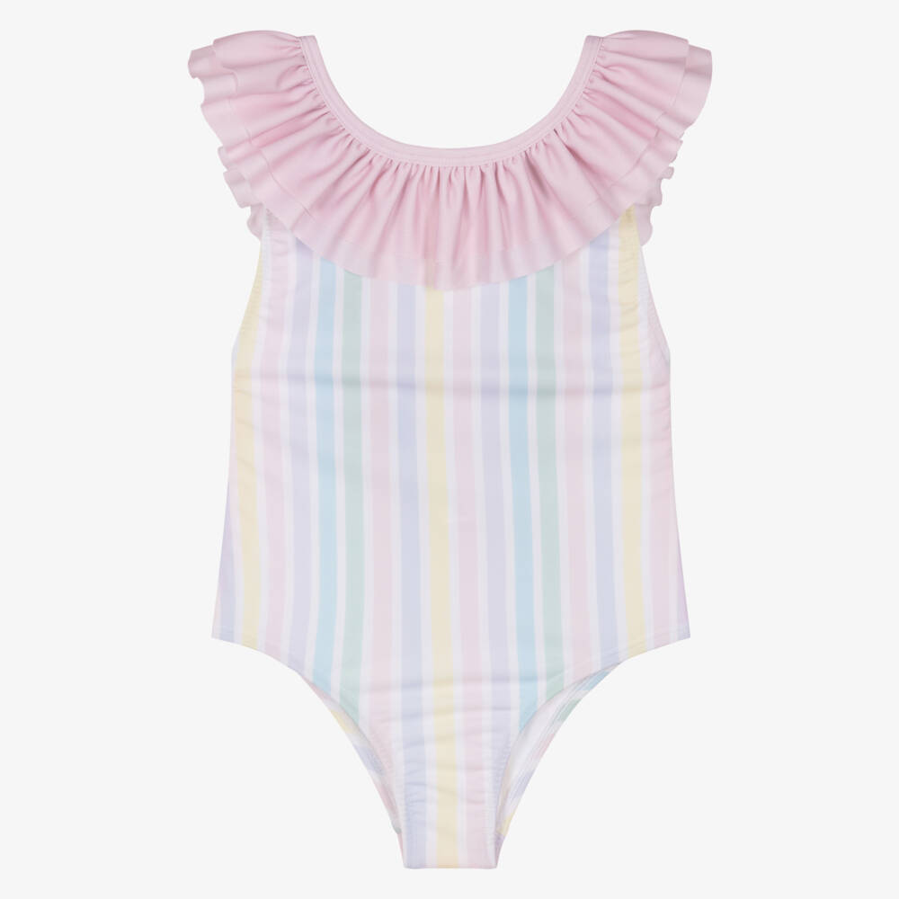 Meia Pata-Girls White & Pink Ruffle Swimsuit with Pastel Stripes (UPF50+) | Childrensalon