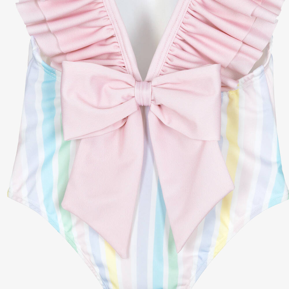 Meia Pata-Girls White & Pink Ruffle Swimsuit with Pastel Stripes (UPF50+) | Childrensalon