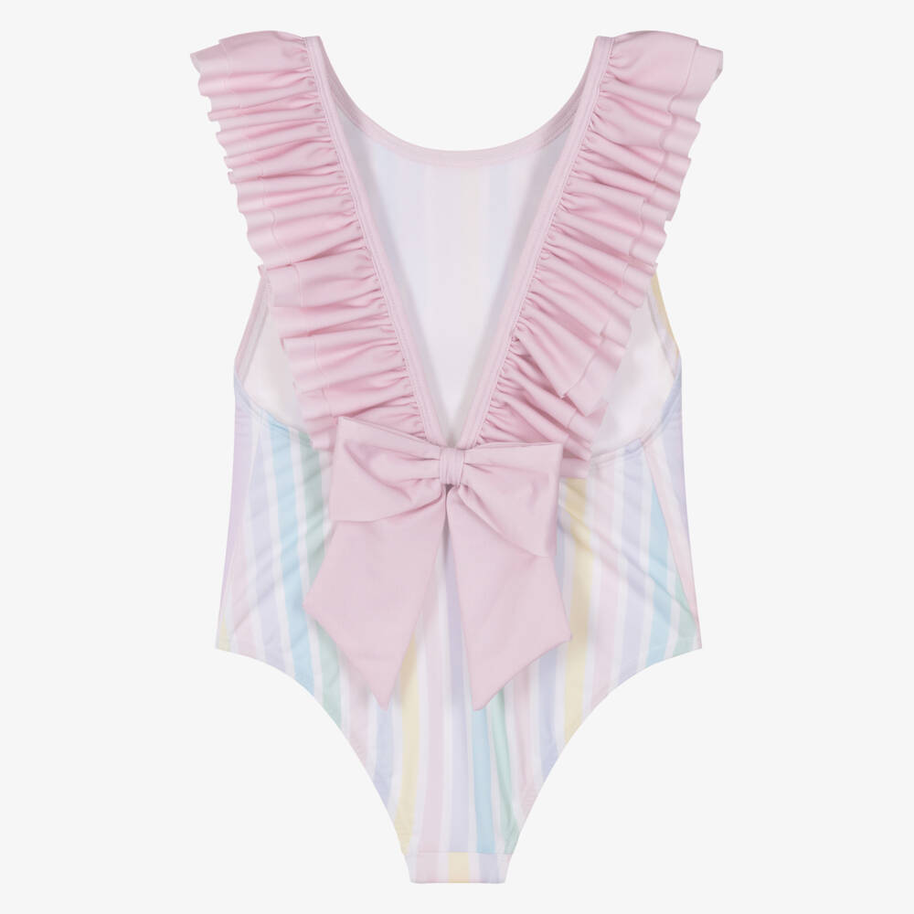 Meia Pata-Girls White & Pink Ruffle Swimsuit with Pastel Stripes (UPF50+) | Childrensalon