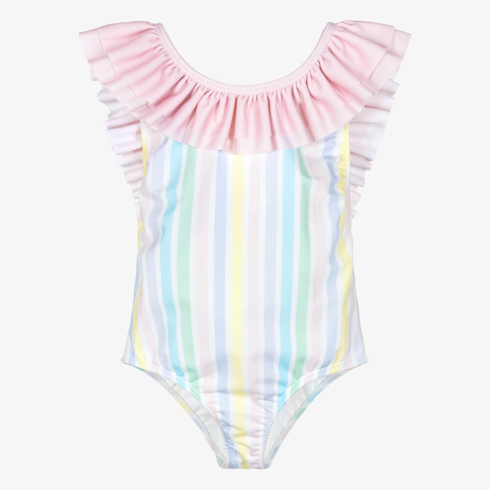 Meia Pata-Girls White & Pink Ruffle Swimsuit with Pastel Stripes (UPF50+) | Childrensalon