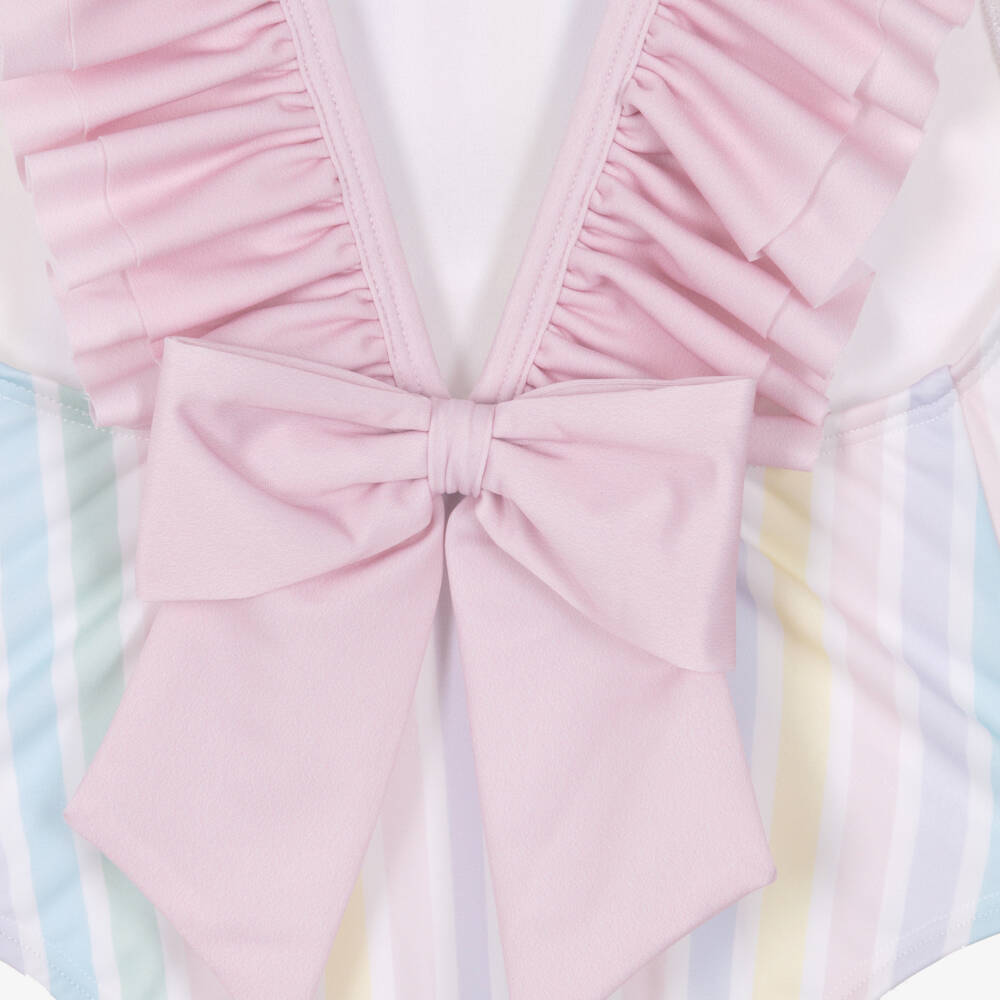 Meia Pata-Girls White & Pink Ruffle Swimsuit with Pastel Stripes (UPF50+) | Childrensalon