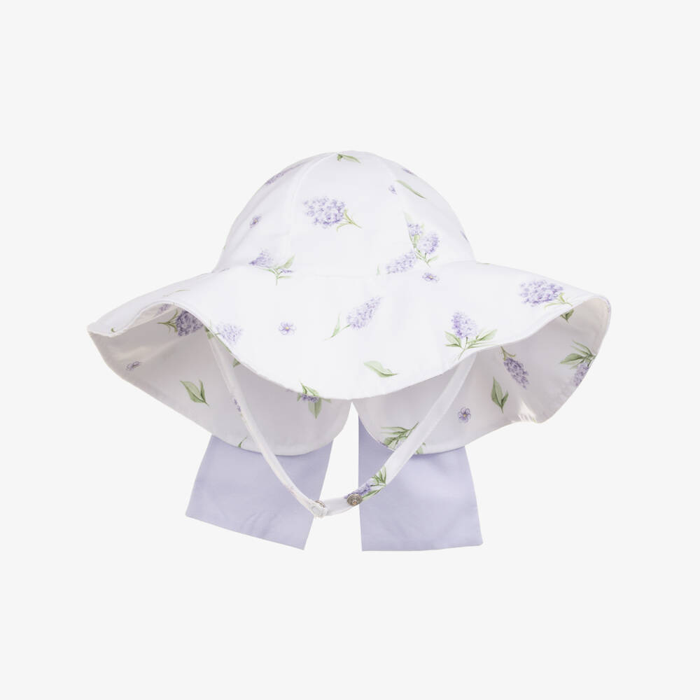 Meia Pata-Girls White & Purple Floral Print Sun Hat | Childrensalon