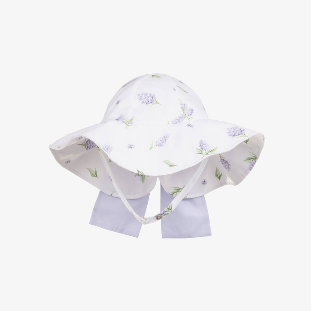 Meia Pata-Girls White & Purple Floral Print Sun Hat | Childrensalon