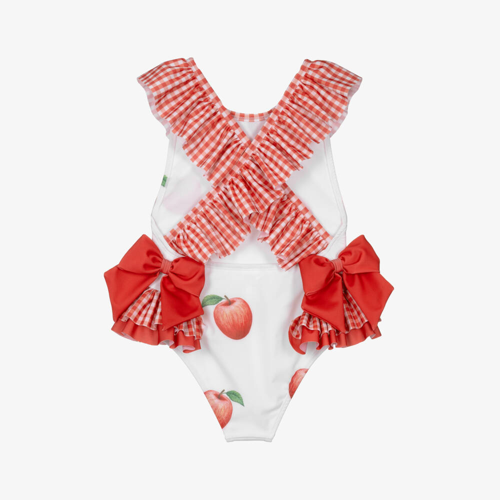 Meia Pata-Girls White & Red Apple Swimsuit (UPF50+) | Childrensalon