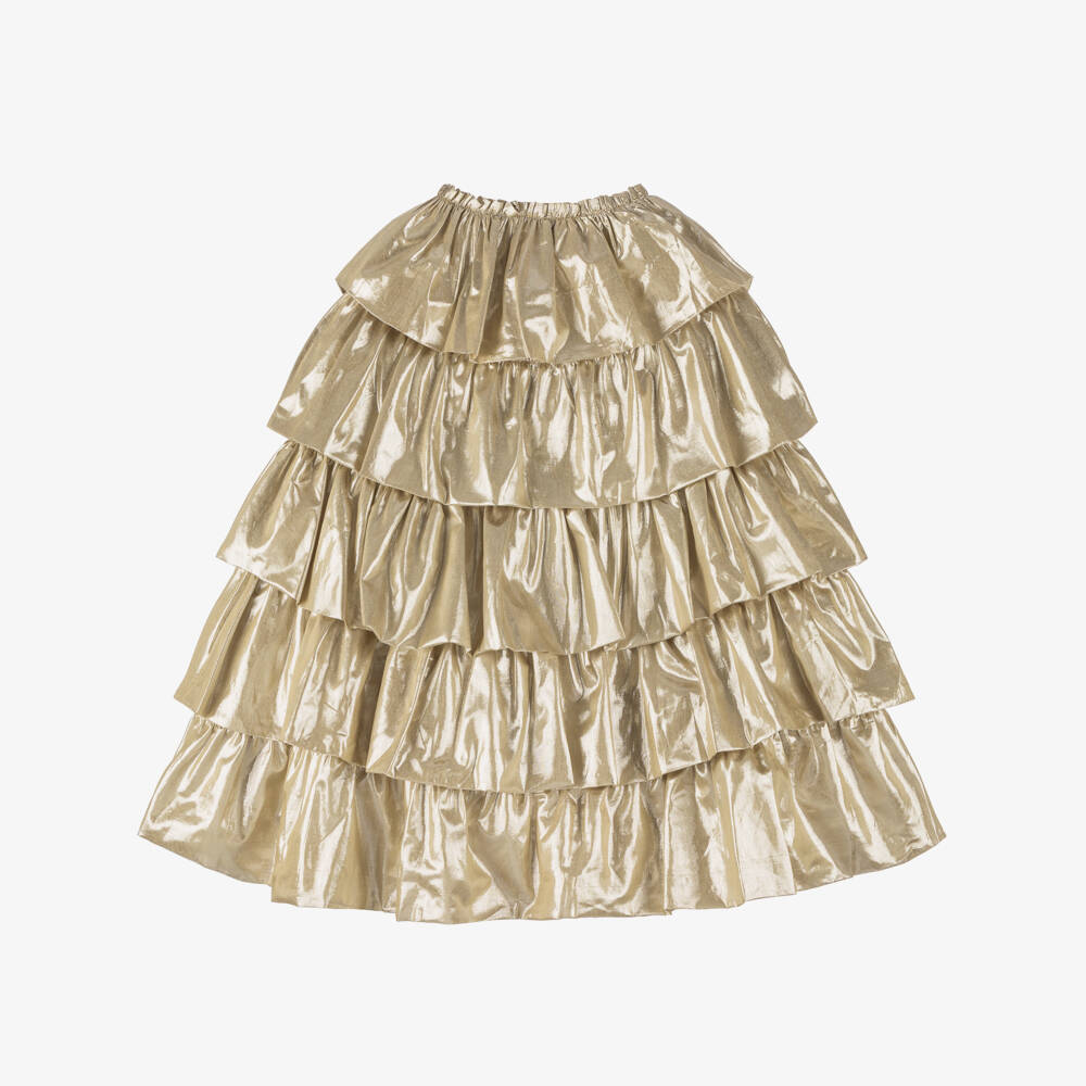Meri Meri-Girls Gold Lamé Tiered Ruffle Cape | Childrensalon