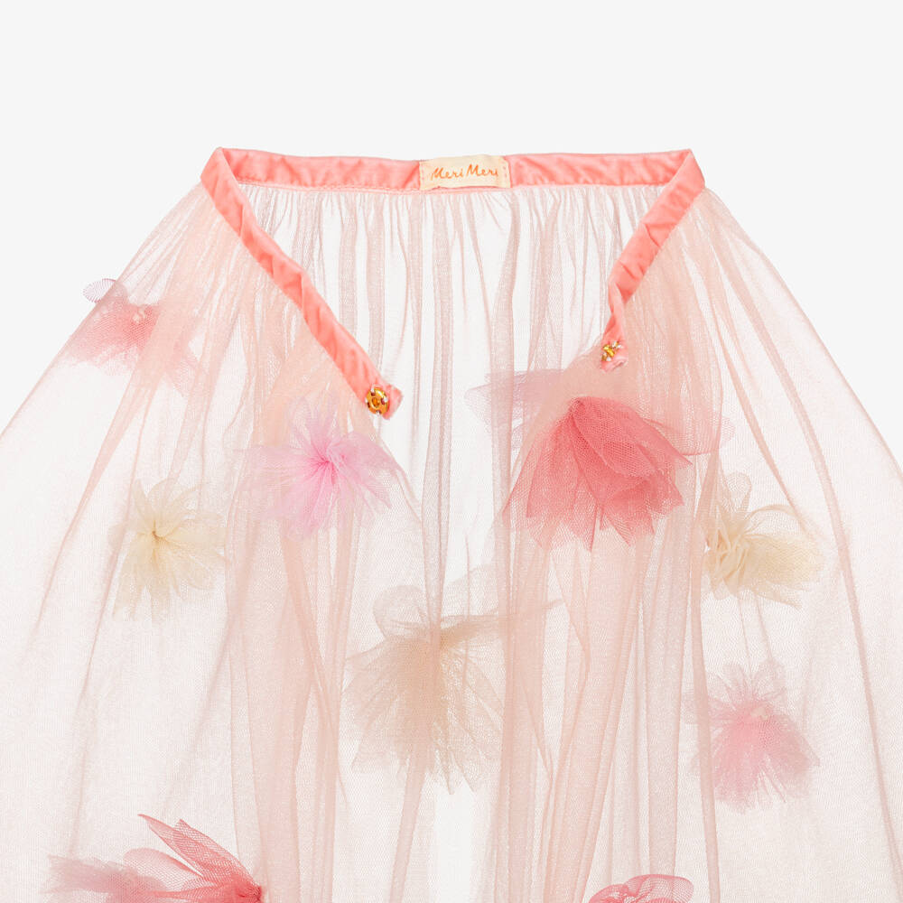 Meri Meri-Girls Pastel Coral Orange Tulle Cape with 3D Flowers | Childrensalon