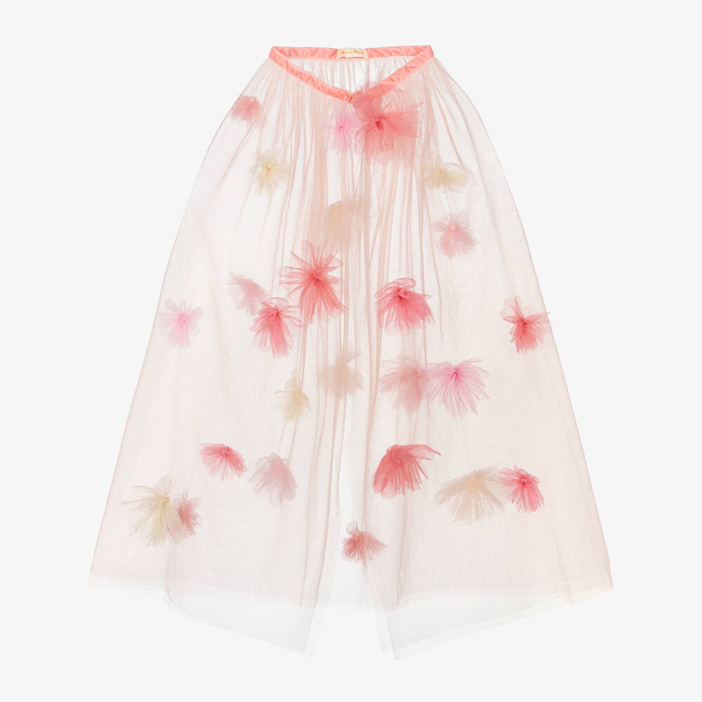 Meri Meri-Girls Pastel Coral Orange Tulle Cape with 3D Flowers | Childrensalon