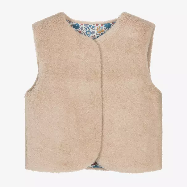Milledeux-Girls Beige Reversible Fleece & Floral Gilet  | Childrensalon