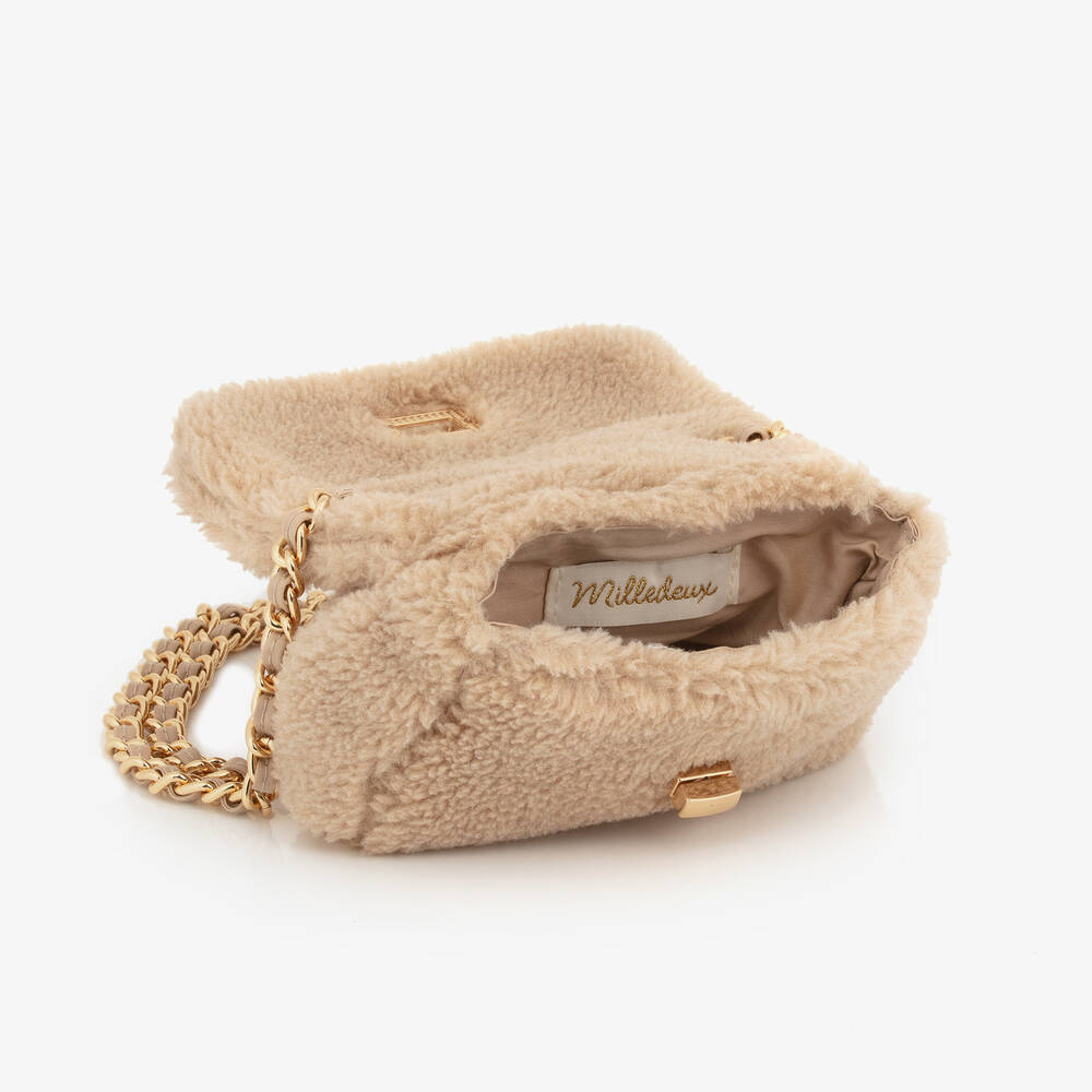 Milledeux-Girls Beige Teddy Fleece Bag (12cm) | Childrensalon