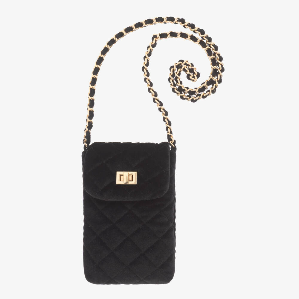 Milledeux-Girls Black Velvet Quilted Phone Bag (17cm) | Childrensalon