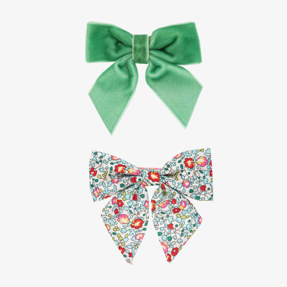 Milledeux-Girls Green Velvet & Liberty Fabric Hair Clips (2 Pack) | Childrensalon