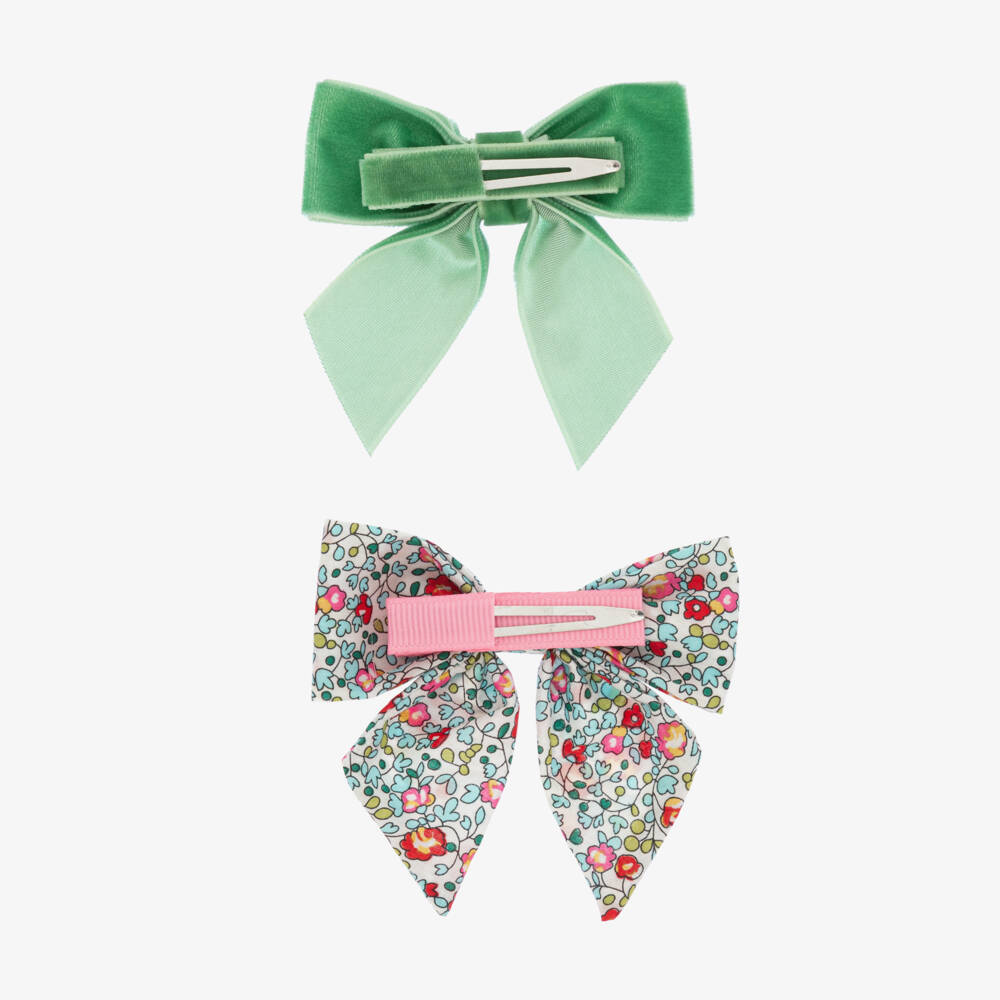 Milledeux-Girls Green Velvet & Liberty Fabric Hair Clips (2 Pack) | Childrensalon