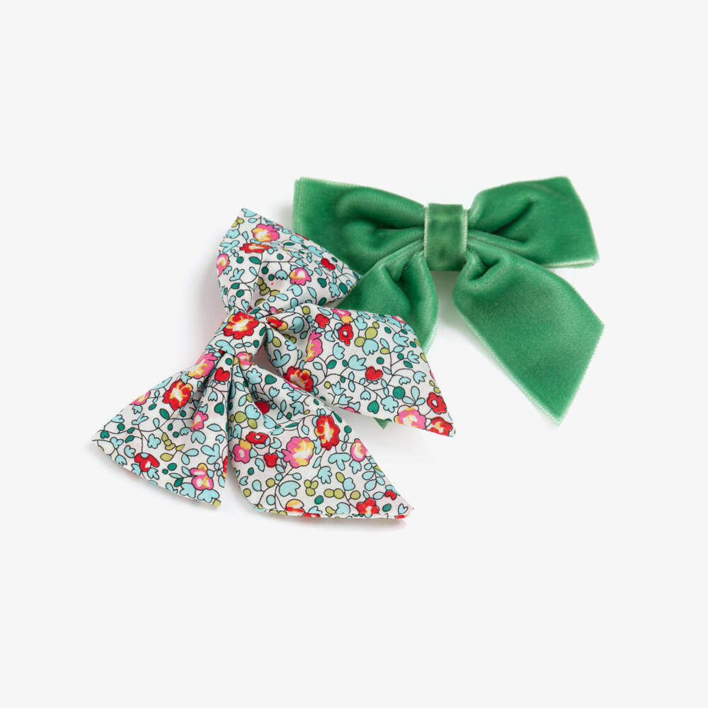 Milledeux-Girls Green Velvet & Liberty Fabric Hair Clips (2 Pack) | Childrensalon