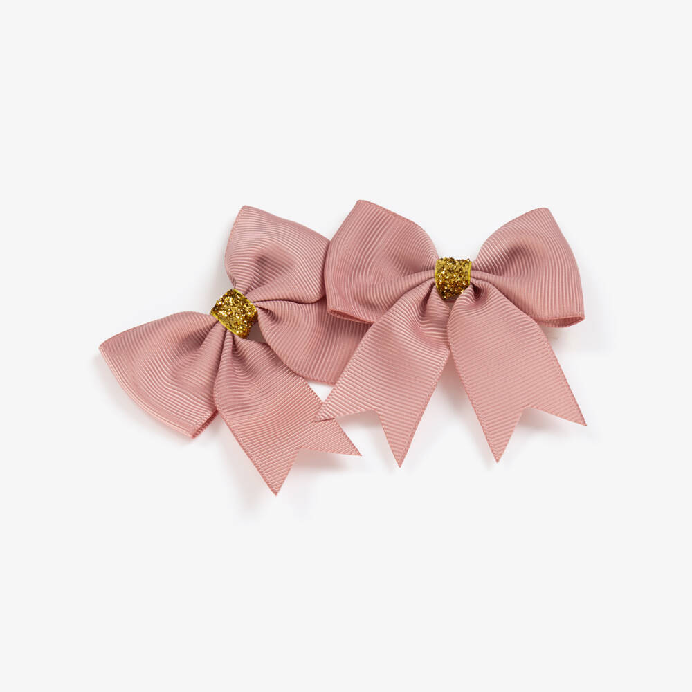 Milledeux-Girls Pink & Gold Grosgrain Bow Hair Clips (2 Pack) | Childrensalon