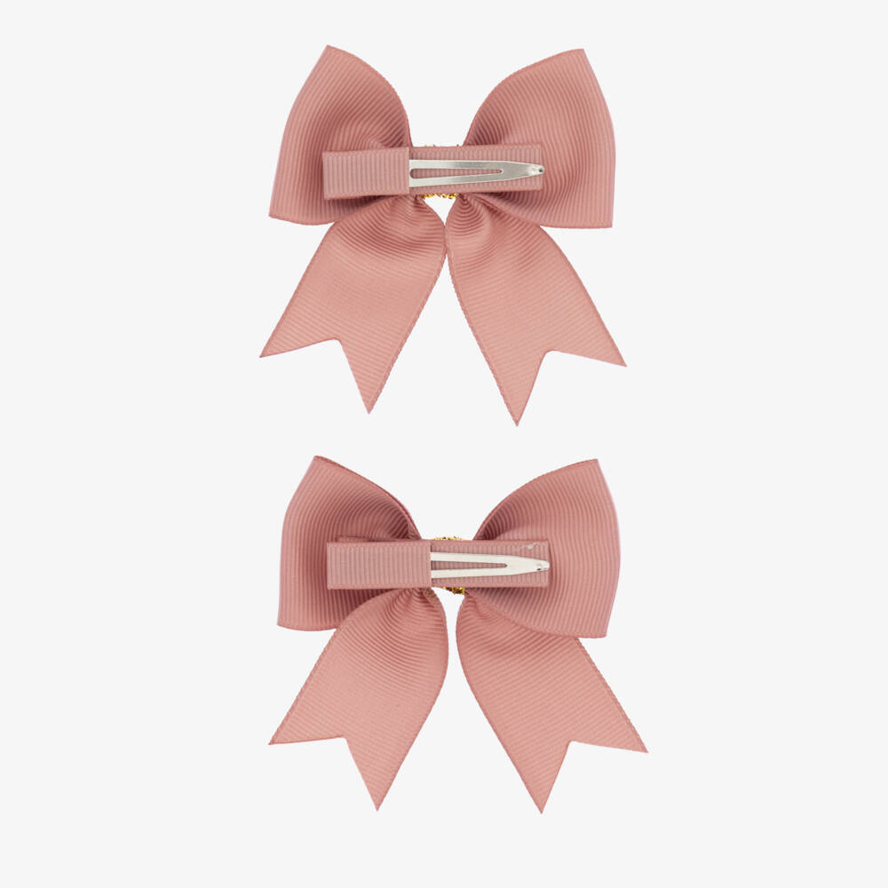 Milledeux-Girls Pink & Gold Grosgrain Bow Hair Clips (2 Pack) | Childrensalon