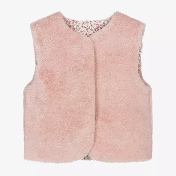 Milledeux-Girls Pink Reversible Fleece & Floral Gilet  | Childrensalon