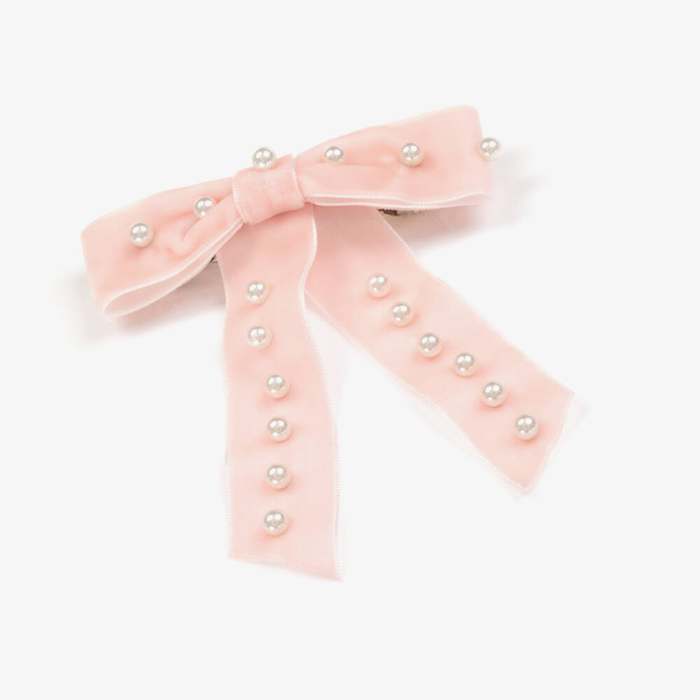 Milledeux-Girls Pink Velvet & Pearl Bow Hair Clip (10cm) | Childrensalon