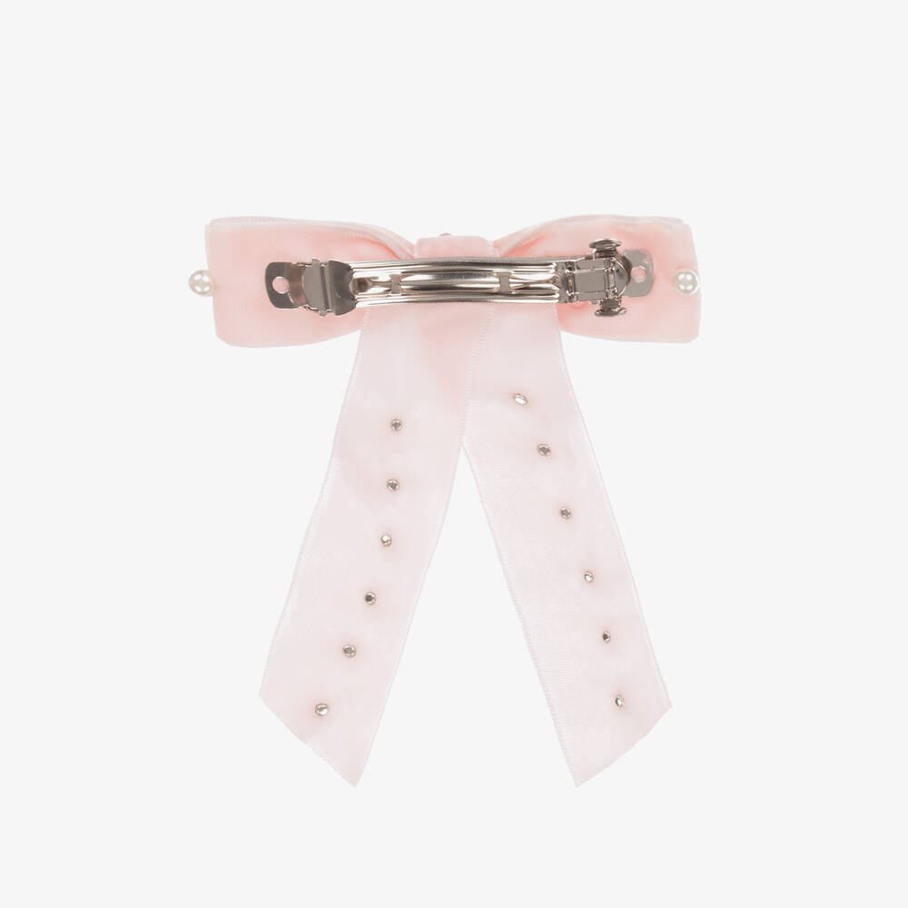 Milledeux-Girls Pink Velvet & Pearl Bow Hair Clip (10cm) | Childrensalon