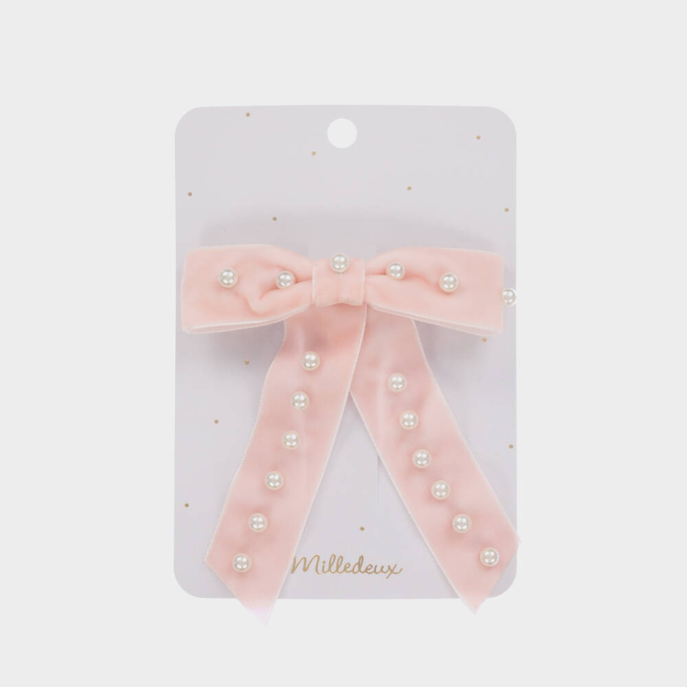 Milledeux-Girls Pink Velvet & Pearl Bow Hair Clip (10cm) | Childrensalon