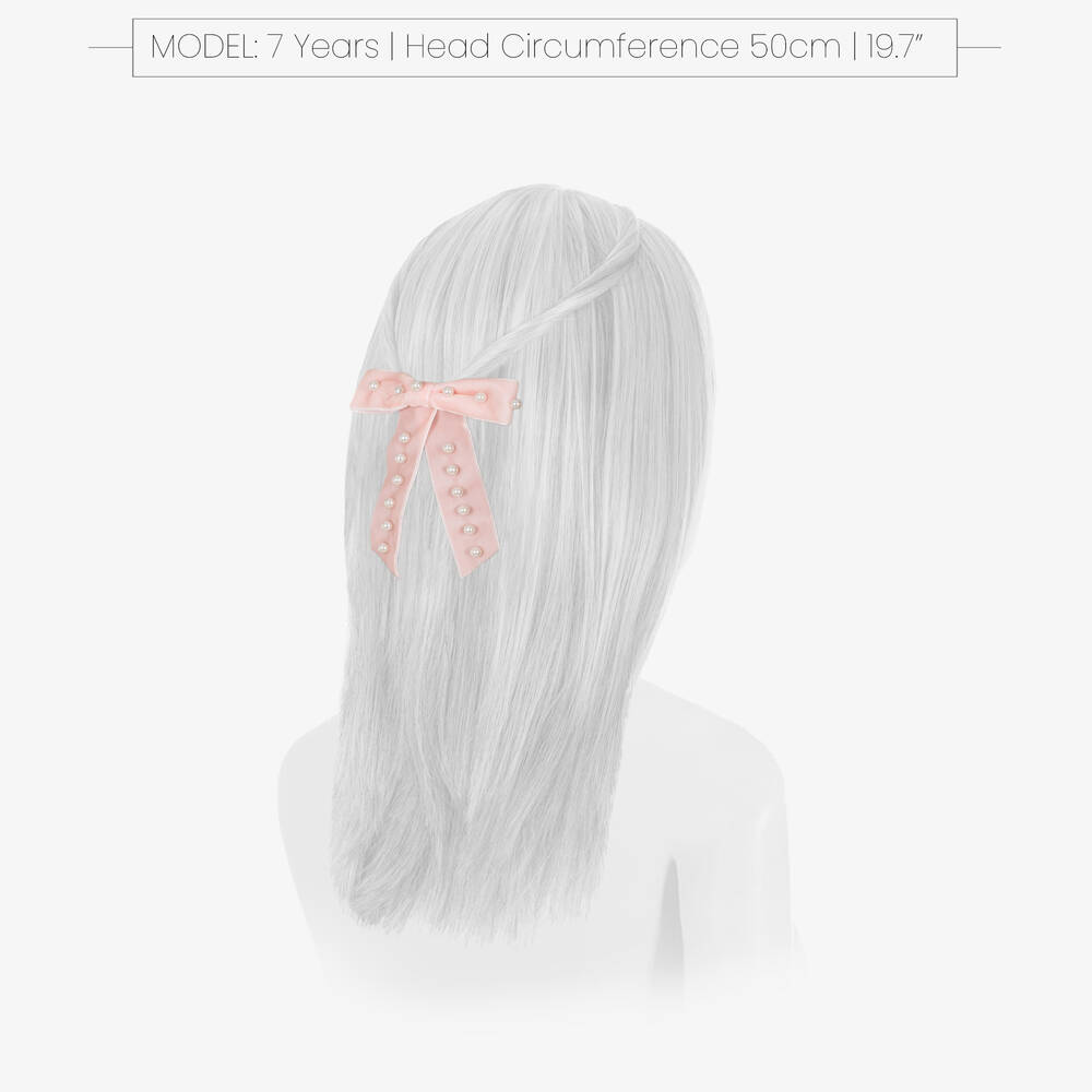 Milledeux-Girls Pink Velvet & Pearl Bow Hair Clip (10cm) | Childrensalon