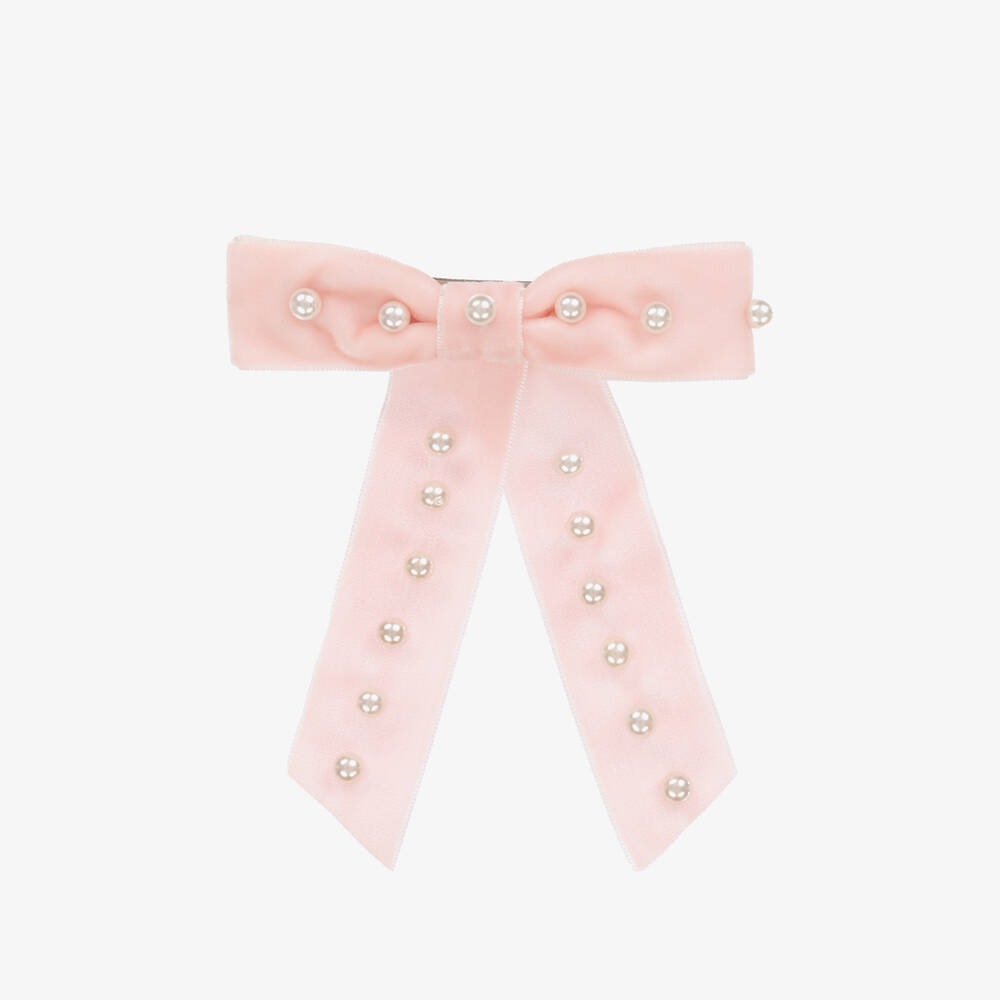 Milledeux-Girls Pink Velvet & Pearl Bow Hair Clip (10cm) | Childrensalon