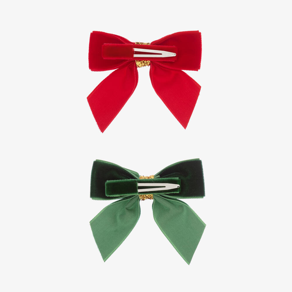 Milledeux-Girls Red & Green Velvet Bow Hair Clips (2 Pack) | Childrensalon
