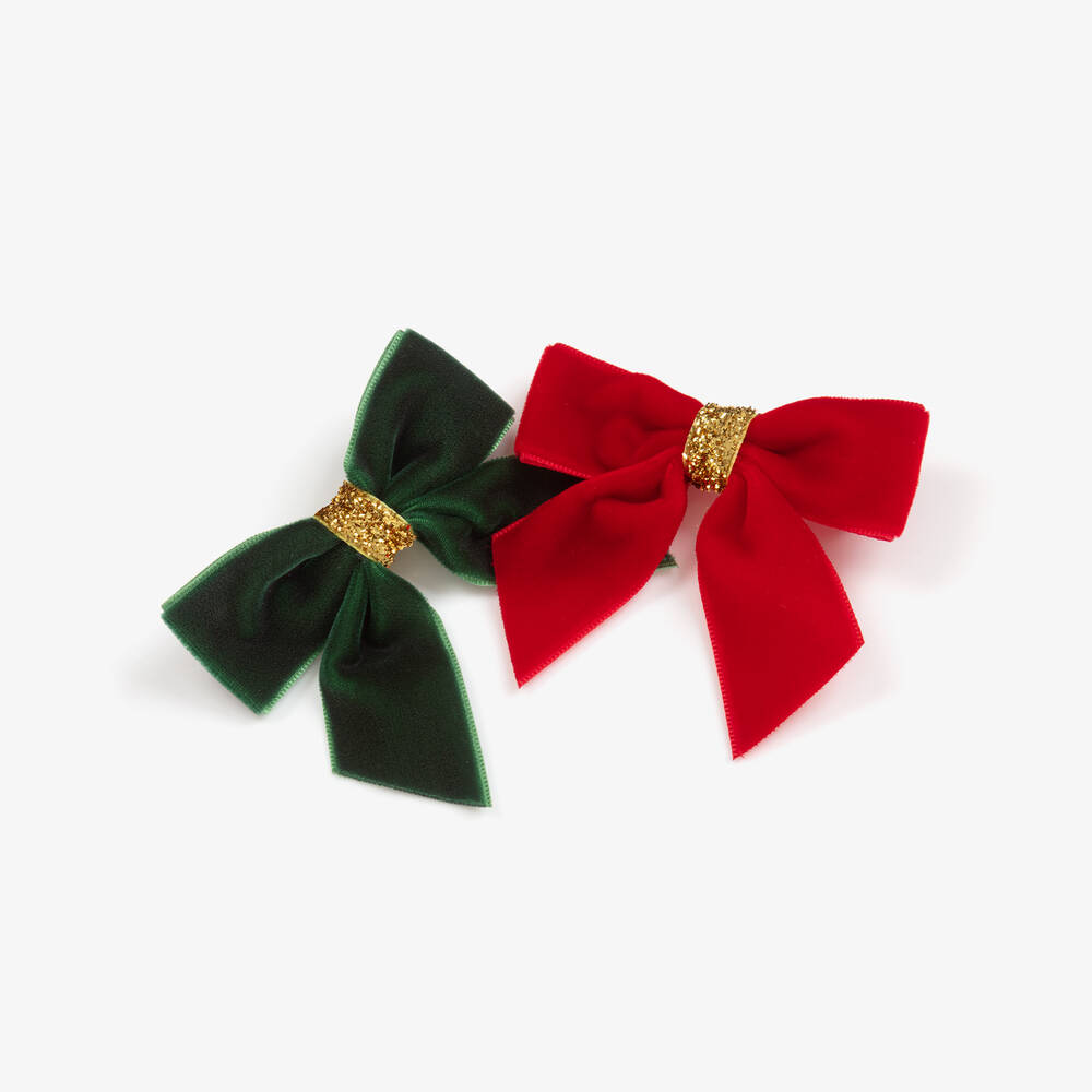Milledeux-Girls Red & Green Velvet Bow Hair Clips (2 Pack) | Childrensalon