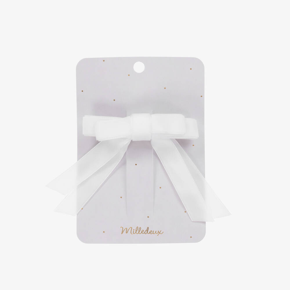 Milledeux-Girls White Velvet Bow Hair Clip (10cm) | Childrensalon