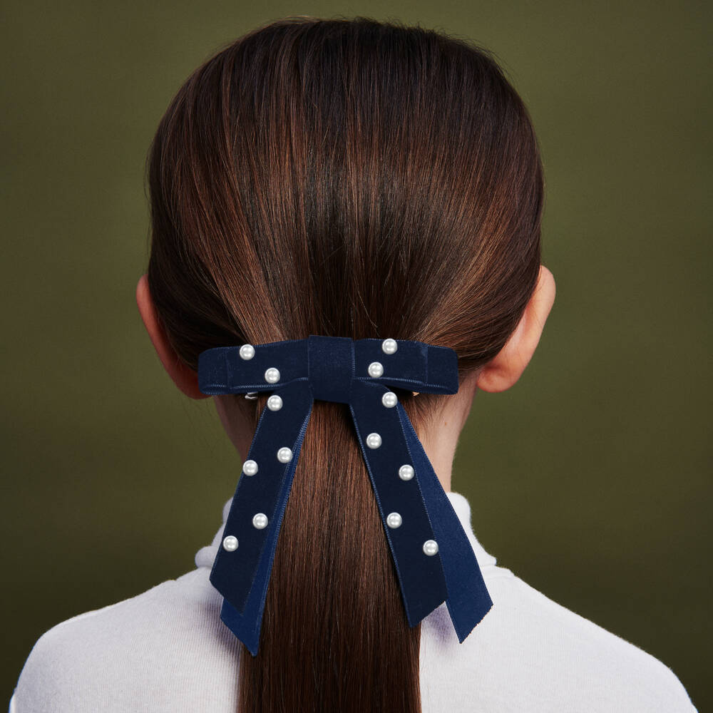 Milledeux-Navy Blue Velvet Bow Hair Clip (10cm) | Childrensalon