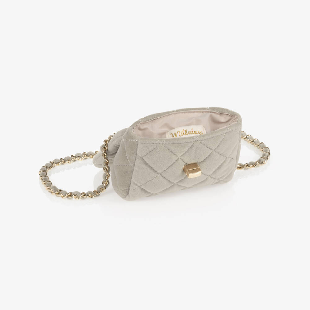 Milledeux-Taupe Grey Velvet Quilted Bag (12cm) | Childrensalon