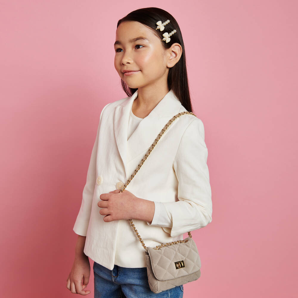 Milledeux-Taupe Grey Velvet Quilted Bag (12cm) | Childrensalon