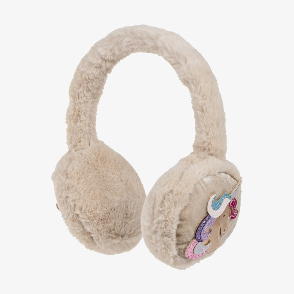 Mimi & Lula-Girls Beige Faux Fur Earmuffs with Unicorns | Childrensalon