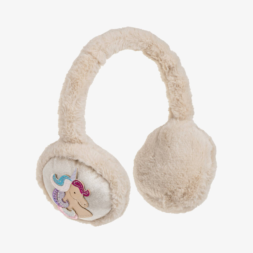 Mimi & Lula-Girls Beige Faux Fur Earmuffs with Unicorns | Childrensalon