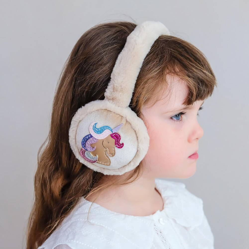 Mimi & Lula-Girls Beige Faux Fur Earmuffs with Unicorns | Childrensalon