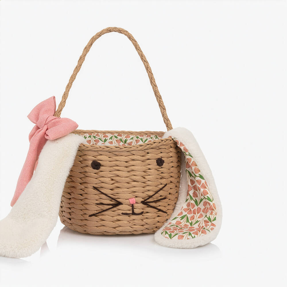 Mimi & Lula-Girls Beige Raffia Bunny Basket Bag (18cm) | Childrensalon