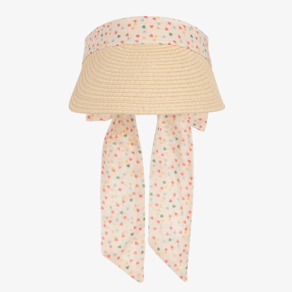 Mimi & Lula-Girls Beige Straw Visor with Heart Print Ribbon | Childrensalon
